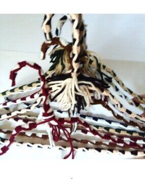 6 VTG 70s Crocheted Hangers Pom Poms Handmade Metal Boho Retro Granny Knit